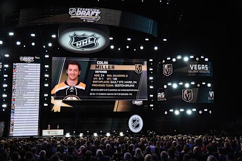 LAS VEGAS, NV – JUNE 21: Colin Miller is selected by the Las Vegas Golden Knights during the 2017 NHL Awards and Expansion Draft at T-Mobile Arena on June 21, 2017 in Las Vegas, Nevada. (Photo by Ethan Miller/Getty Images)