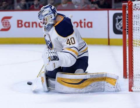 Feb 3, 2016; Montreal, Quebec, CAN; Buffalo Sabres goalie Robin Lehner (40) makes a save during the first period against the Montreal Canadiens at the Bell Centre. Mandatory Credit: Eric Bolte-USA TODAY Sports