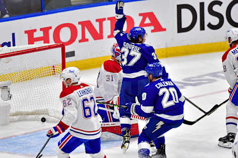 Yanni Gourde #37 of the Tampa Bay Lightning. (Photo by Julio Aguilar/Getty Images)