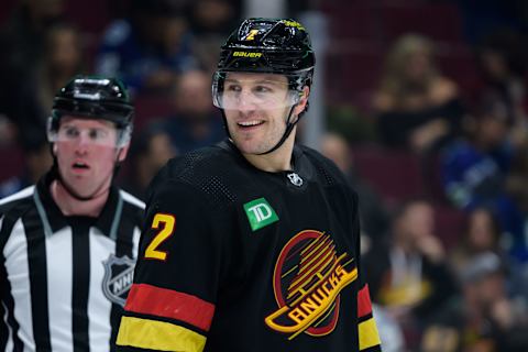 VANCOUVER, CANADA – JANUARY 27: Luke Schenn #2 of the Vancouver Canucks waits for a face-off during the third period of their NHL game against the Columbus Blue Jackets at Rogers Arena on January 27, 2023 in Vancouver, British Columbia, Canada. (Photo by Derek Cain/Getty Images)