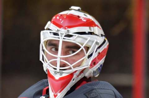 RALEIGH, NORTH CAROLINA – MAY 01: Alex Nedeljkovic #39 of the Carolina Hurricanes warms up before Game Three of the Eastern Conference Second Round against the New York Islanders during the 2019 NHL Stanley Cup Playoffs at PNC Arena on May 01, 2019, in Raleigh, North Carolina. (Photo by Grant Halverson/Getty Images)