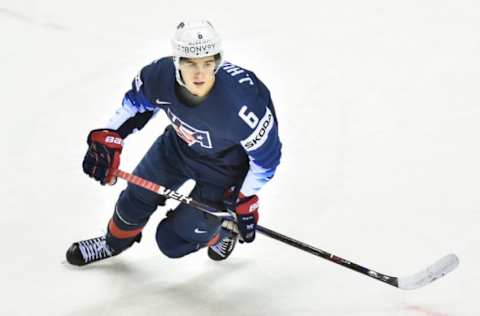 KOSICE, SLOVAKIA – MAY 15: Jack Hughes #6 of USA in action during the 2019 IIHF Ice Hockey World Championship Slovakia group A game between United States and Great Britain at Steel Arena on May 15, 2019 in Kosice, Slovakia. (Photo by Lukasz Laskowski/PressFocus/MB Media/Getty Images)