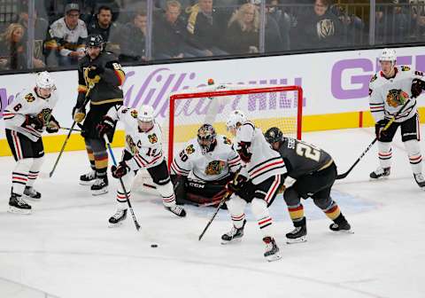 LAS VEGAS, NV – NOVEMBER 13: Chicago Blackhawks center Jonathan Toews (19) skates away with the puck during a regular season game against the Vegas Golden Knights Wednesday, Nov. 13, 2019, at T-Mobile Arena in Las Vegas, Nevada. (Photo by: Marc Sanchez/Icon Sportswire via Getty Images)