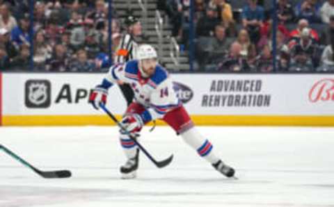 COLUMBUS, OHIO – APRIL 08: Tyler Motte #14 of the New York Rangers skates down the ice during the first period against the New York Rangers at Nationwide Arena on April 08, 2023, in Columbus, Ohio. (Photo by Jason Mowry/Getty Images)