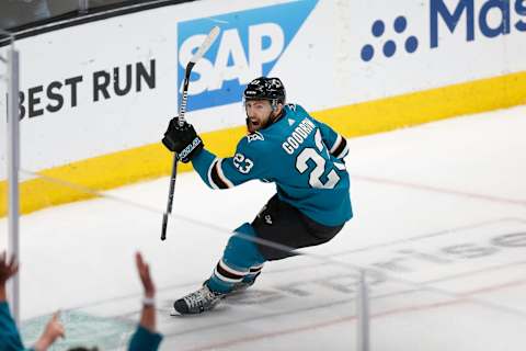 SAN JOSE, CA – APRIL 23: Barclay Goodrow #23 of the San Jose Sharks celebrates after scoring the game-winning goal in overtime against the Vegas Golden Knights in Game Seven of the Western Conference First Round during the 2019 NHL Stanley Cup Playoffs at SAP Center on April 23, 2019 in San Jose, California. (Photo by Lachlan Cunningham/Getty Images)