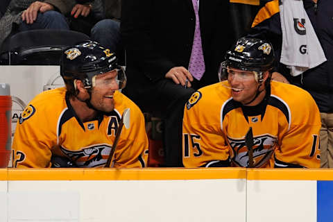 Centers Mike Fisher #12 and Craig Smith #15 of the Nashville Predators  (Photo by Frederick Breedon/Getty Images)