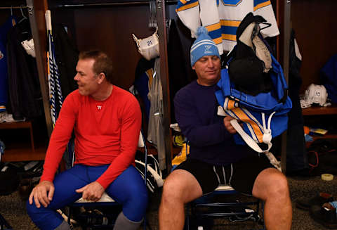 ST. LOUIS, MO – DECEMBER 31: Adam Oates #12 of the St. Louis Blues and Brett Hull #16 of the St. Louis Blues get ready prior to a game against the Chicago Blackhawks during the 2017 Bridgestone NHL Winter Classic Alumni Game at Busch Stadium on December 31, 2016 in St. Louis, Missouri (Photo by Scott Rovak/NHLI via Getty Images)