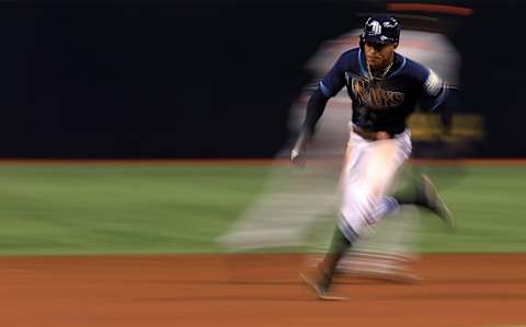 ST PETERSBURG, FL – AUGUST 09: Mallex Smith #0 of the Tampa Bay Rays rounds second in the sixth inning during a game against the Baltimore Orioles at Tropicana Field on August 9, 2018 in St Petersburg, Florida. (Photo by Mike Ehrmann/Getty Images)