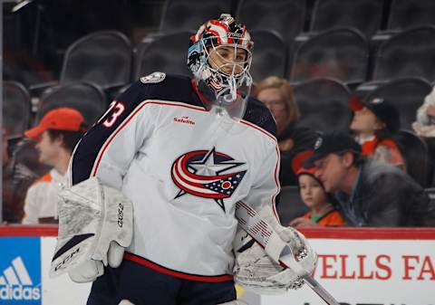 PHILADELPHIA, PENNSYLVANIA – DECEMBER 20: Jet Greaves #73 of the Columbus Blue Jackets skates in warm-ups prior to the game against the Philadelphia Flyers at the Wells Fargo Center on December 20, 2022 in Philadelphia, Pennsylvania. (Photo by Bruce Bennett/Getty Images)