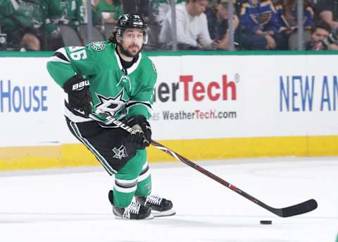 DALLAS, TX – MAY 5: Mats Zuccarello #36 of the Dallas Stars handles the puck against the St. Louis Blues in Game Six of the Western Conference Second Round during the 2019 NHL Stanley Cup Playoffs at the American Airlines Center on May 5, 2019 in Dallas, Texas. (Photo by Glenn James/NHLI via Getty Images)