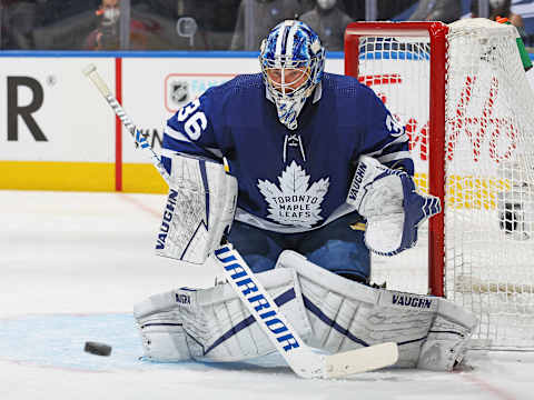 Jack Campbell #36 of the Toronto Maple Leafs makes a stop using his Warrior Ritual V1 Pro stick. (Photo by Claus Andersen/Getty Images)