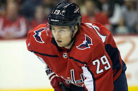 WASHINGTON, DC – NOVEMBER 05: Washington Capitals defenseman Christian Djoos (29) ready for a face-off during a NHL game between the Washington Capitals and the Edmonton Oilers, on November 05, 2018, at Capital One Arena, in Washington, D.C.The Capitals defeated the Oilers 4-2.(Photo by Tony Quinn/Icon Sportswire via Getty Images)