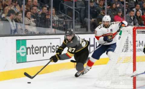 LAS VEGAS, NV – DECEMBER 17: Vegas Golden Knights Defenceman Shea Theodore (27) goes after the puck during the third period of a regular season NHL game between the Florida Panthers and the Vegas Golden Knights Sunday, Dec. 17, 2017, in Las Vegas. The Vegas Golden Knights would defeat the Florida Panthers 5-2. (Photo by: Marc Sanchez/Icon Sportswire via Getty Images)