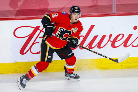 Apr 24, 2021; Calgary, Alberta, CAN; Calgary Flames left wing Matthew Tkachuk (19) skates against the Montreal Canadiens during the second period at Scotiabank Saddledome. Mandatory Credit: Sergei Belski-USA TODAY Sports