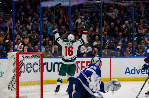 TAMPA, FL – MARCH 7: Goalie Andrei Vasilevskiy #88 of the Tampa Bay Lightning gives up a goal against Jason Zucker #16 of the Minnesota Wild at Amalie Arena on March 7, 2019 in Tampa, Florida. (Photo by Mark LoMoglio/NHLI via Getty Images)