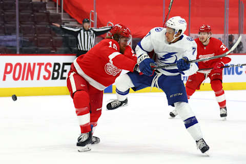 DETROIT, MICHIGAN – MAY 01: Mathieu Joseph #7 of the Tampa Bay Lightning  . (Photo by Gregory Shamus/Getty Images)