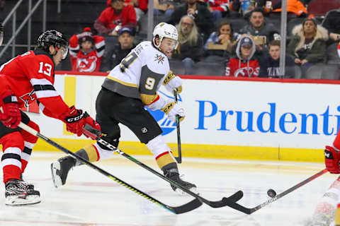 NEWARK, NJ – DECEMBER 03: Vegas Golden Knights center Cody Glass (9) skates during the National Hockey League game between the New Jersey Devils and the Vegas Golden Knights on December 3, 2019 at the Prudential Center in Newark, NJ. (Photo by Rich Graessle/Icon Sportswire via Getty Images)