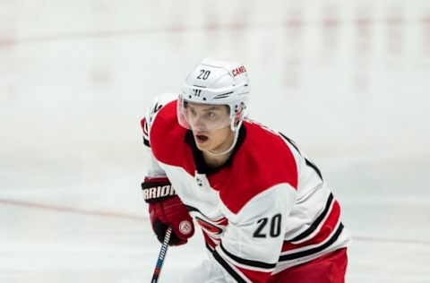 NASHVILLE, TN – MARCH 9: Sebastian Aho #20 of the Carolina Hurricanes skates against the Nashville Predators at Bridgestone Arena on March 9, 2019, in Nashville, Tennessee. (Photo by Ronald C. Modra/NHL/Getty Images)