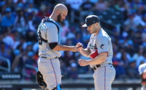 Marlins catcher Jacob Stallings (left) with pitcher Tanner Scott. Wendell Cruz-USA TODAY Sports