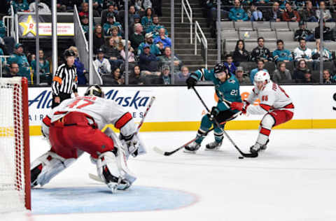 SAN JOSE, CA – OCTOBER 16: Barclay Goodrow #23 of the San Jose Sharks takes a shot on goal against James Reimer #47 of the Carolina Hurricanes at SAP Center on October 16, 2019 in San Jose, California. (Photo by Brandon Magnus/NHLI via Getty Images)