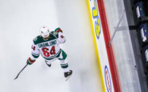 Feb 1, 2017; Calgary, Alberta, CAN; Minnesota Wild center Mikael Granlund (64) skates during the warmup period against the Calgary Flames at Scotiabank Saddledome. Mandatory Credit: Sergei Belski-USA TODAY Sports