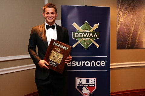 NEW YORK, NY – JANUARY 21: Corey Seager poses for a photo during the 2017 Baseball Writers’ Association of America awards dinner on Saturday, January 21, 2017 at the Hilton hotel in New York City. (Photo by Alex Trautwig/MLB Photos via Getty Images)