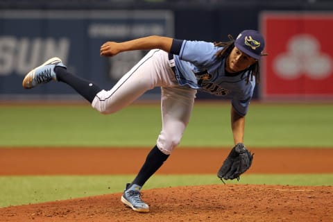 ST. PETERSBURG, FL – MAY 06: Chris Archer (22) of the Rays follows thru after delivering a pitch to the plate during the MLB regular season game between the Toronto Blue Jays and the Tampa Bay Rays on May 06, 2018, at Tropicana Field in St. Petersburg, FL. (Photo by Cliff Welch/Icon Sportswire via Getty Images)