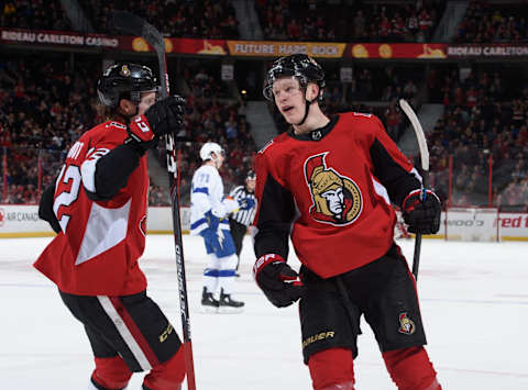 OTTAWA, ON – APRIL 1: Brady Tkachuk #7 of the Ottawa Senators celebrates with Thomas Chabot #72 after scoring a first period goal on the Tampa Bay Lightning at Canadian Tire Centre on April 1, 2019 in Ottawa, Ontario, Canada. (Photo by Andrea Cardin/NHLI via Getty Images)