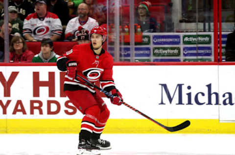 RALEIGH, NC – FEBRUARY 16: Sebastian Aho #20 of the Carolina Hurricanes skate for position on the ice during an NHL game against the Dallas Stars on February 16, 2019 at PNC Arena in Raleigh, North Carolina. (Photo by Gregg Forwerck/NHLI via Getty Images)