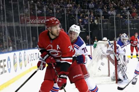 NEW YORK, NEW YORK – FEBRUARY 08: Jaccob Slavin #74 of the Carolina Hurricanes skates against the New York Rangers at Madison Square Garden on February 08, 2019 in New York City. The Hurricanes shut-out the Rangers 3-0. (Photo by Bruce Bennett/Getty Images)