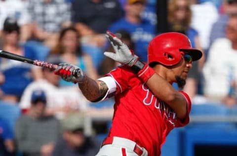 Mar 5, 2016; Dunedin, FL, USA; Philadelphia Phillies player J.P. Crawford (77) bats during the fifth inning against the Toronto Blue Jays at Florida Auto Exchange Park. Mandatory Credit: Butch Dill-USA TODAY Sports