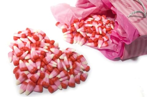 A bag of valentine's themed candy corn.