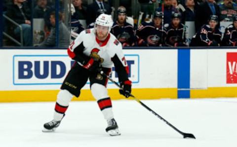 COLUMBUS, OH – FEBRUARY 24: Chris Tierney #71 of the Ottawa Senators controls the puck during the game against the Columbus Blue Jackets on February 24, 2020 at Nationwide Arena in Columbus, Ohio. (Photo by Kirk Irwin/Getty Images)