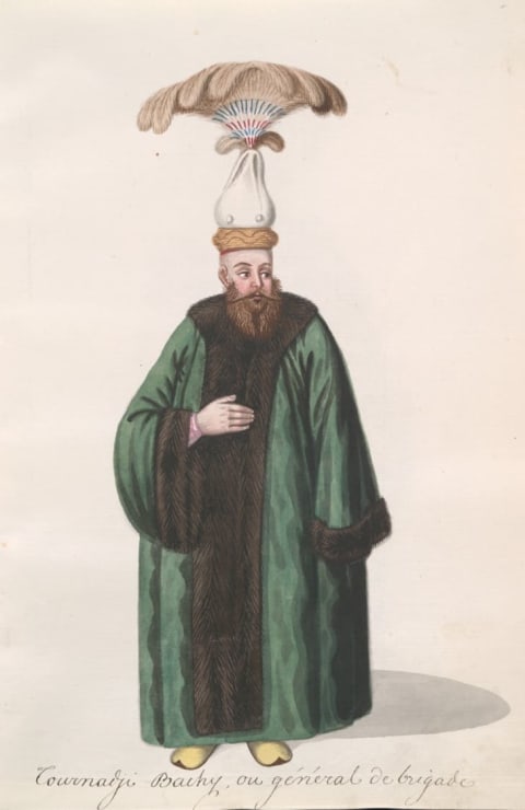 A drawing of a man wearing an Ottoman headdress.