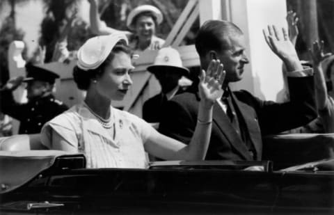 Queen Elizabeth II wearing a half hat in 1954.