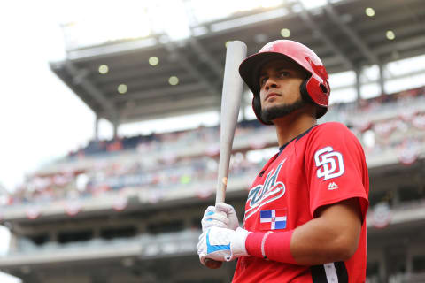 WASHINGTON, D.C. – JULY 15: Fernando Tatis Jr. #23 of the World Team looks on during the SiriusXM All-Star Futures Game at Nationals Park on Sunday, July 15, 2018 in Washington, D.C. (Photo by Rob Tringali/MLB Photos via Getty Images)