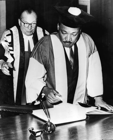 Dr. King receives an honorary Doctor of Civil Law degree at Newcastle University in England, November 14, 1967. He had earned a doctorate in theology in 1955.