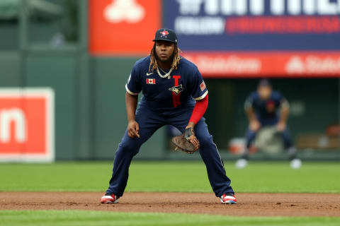 DENVER, COLORADO – JULY 13: Vladimir Guerrero Jr. #27 of the Toronto Blue Jays stands on defense during the 91st MLB All-Star Game at Coors Field on July 13, 2021 in Denver, Colorado. (Photo by Alex Trautwig/Getty Images)