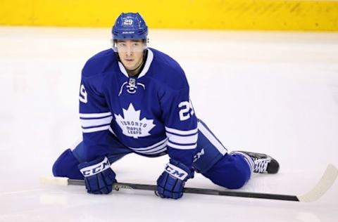 Mar 26, 2016; Toronto, Ontario, CAN; Toronto Maple Leafs defenseman Rinat Valiev (29) warms up before playing against the Boston Bruins at Air Canada Centre. Mandatory Credit: Tom Szczerbowski-USA TODAY Sports