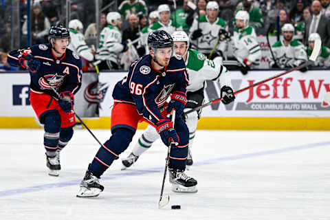 Dec 19, 2022; Columbus, Ohio, USA; Columbus Blue Jackets center Jack Roslovic (96) in the third period against the Dallas Stars at Nationwide Arena. Mandatory Credit: Gaelen Morse-USA TODAY Sports