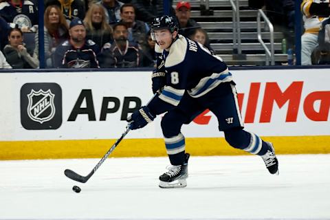 COLUMBUS, OHIO – NOVEMBER 14: Zach Werenski #8 of the Columbus Blue Jackets controls the puck during the game against the Pittsburgh Penguins at Nationwide Arena on November 14, 2023 in Columbus, Ohio. Pittsburgh defeated Columbus 5-3. (Photo by Kirk Irwin/Getty Images)