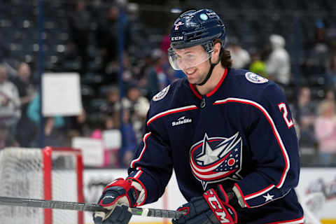 COLUMBUS, OHIO – APRIL 08: Andrew Peeke #2 of the Columbus Blue Jackets smiles during warmup before the game against the New York Rangers at Nationwide Arena on April 08, 2023 in Columbus, Ohio. (Photo by Jason Mowry/Getty Images)