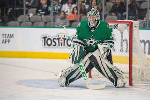 Feb 4, 2017; Dallas, TX, USA; Dallas Stars goalie Kari Lehtonen (32) faces the Chicago Blackhawks attack during the game at the American Airlines Center. The Blackhawks defeat the Stars 5-3. Mandatory Credit: Jerome Miron-USA TODAY Sports