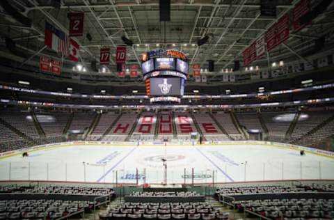 RALEIGH, NC – MAY 16: View of PNC Arena before a game between the Boston Bruins and the Carolina Hurricanes on May 14, 2019 at the PNC Arena in Raleigh, NC. (Photo by Greg Thompson/Icon Sportswire via Getty Images)