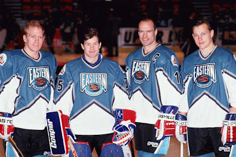 NEW YORK, NY – JANUARY 22: Mark Messier #11, goalie Mike Richter #35, Brian Leetch #2 and Adam Graves #9 of the Eastern Conference and the New York Rangers pose before the 1994 45th NHL All-Star Game against the Western Conference on January 22, 1994 at the Madison Square Garden in New York, New York. The Eastern Conference defeated the Western Conference 9-8. (Photo by Steve Babineau/NHLI via Getty Images)