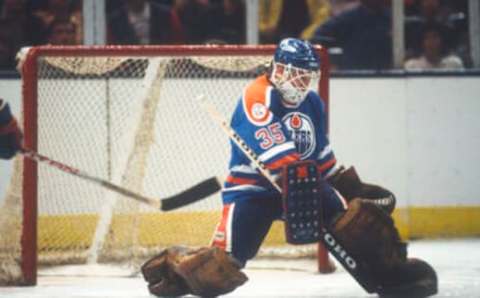 Andy Moog No. 35, Edmonton Oilers (Photo by Focus on Sport/Getty Images)