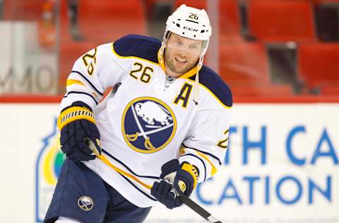 September 27, 2013; Raleigh, NC, USA; Buffalo Sabres forward Thomas Vanek (26) skates before the start of the game against the Carolina Hurricanes at PNC Center. The Hurricanes defeated the Sabres 1-0. Mandatory Credit: James Guillory-USA TODAY Sports