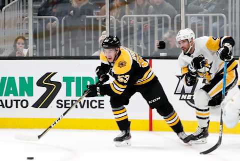 BOSTON, MA – NOVEMBER 04: Boston Bruins center Cameron Hughes (53) plays the puck during a game between the Boston Bruins and the Pittsburgh Penguins on November 4, 2019, at TD Garden in Boston, Massachusetts. (Photo by Fred Kfoury III/Icon Sportswire via Getty Images)