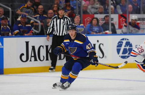 ST LOUIS, MO – OCTOBER 26: Torey Krug #47 of the St. Louis Blues skates against the Edmonton Oilers at Enterprise Center on October 26, 2022 in St Louis, Missouri. (Photo by Dilip Vishwanat/Getty Images)