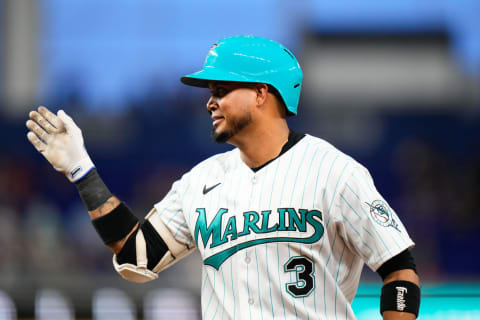 Jun 23, 2023; Miami, Florida, USA; Miami Marlins second baseman Luis Arraez (3) celebrates hitting a single against the Pittsburgh Pirates during the fifth inning at loanDepot Park. Mandatory Credit: Rich Storry-USA TODAY Sports